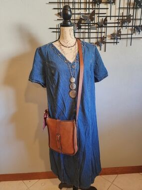Phases Vintage Denim Midi Dress with V-Neck And Grommet Detail